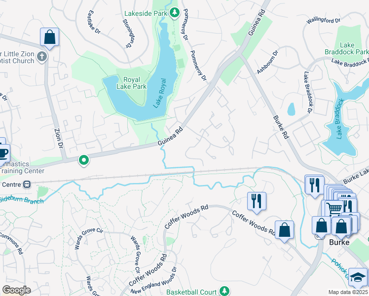 map of restaurants, bars, coffee shops, grocery stores, and more near 9942 Whitewater Drive in Burke