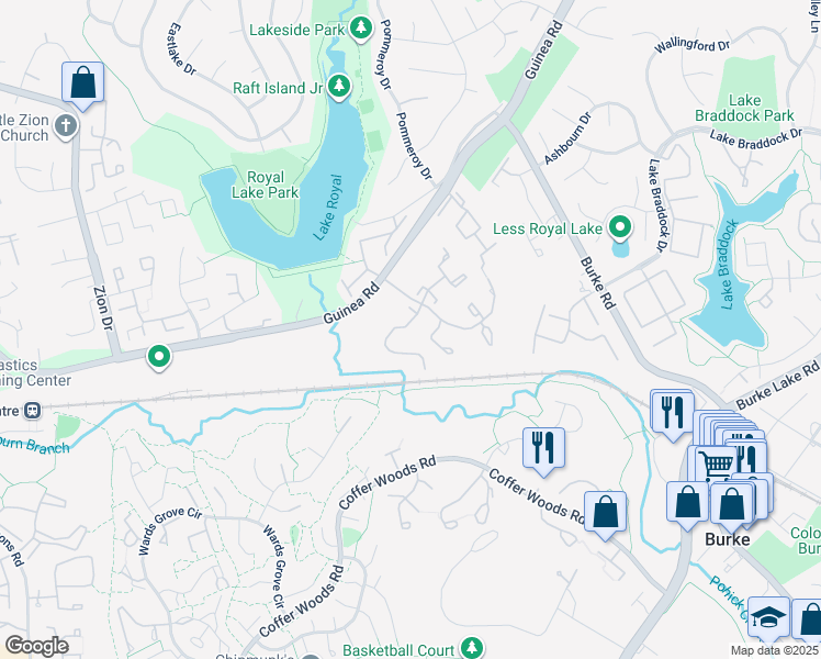 map of restaurants, bars, coffee shops, grocery stores, and more near 9923 Whitewater Drive in Burke