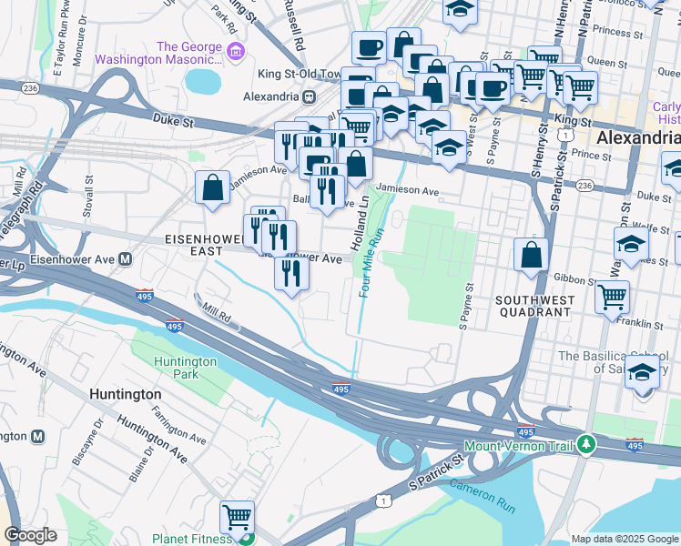 map of restaurants, bars, coffee shops, grocery stores, and more near 1800 Eisenhower Avenue in Alexandria