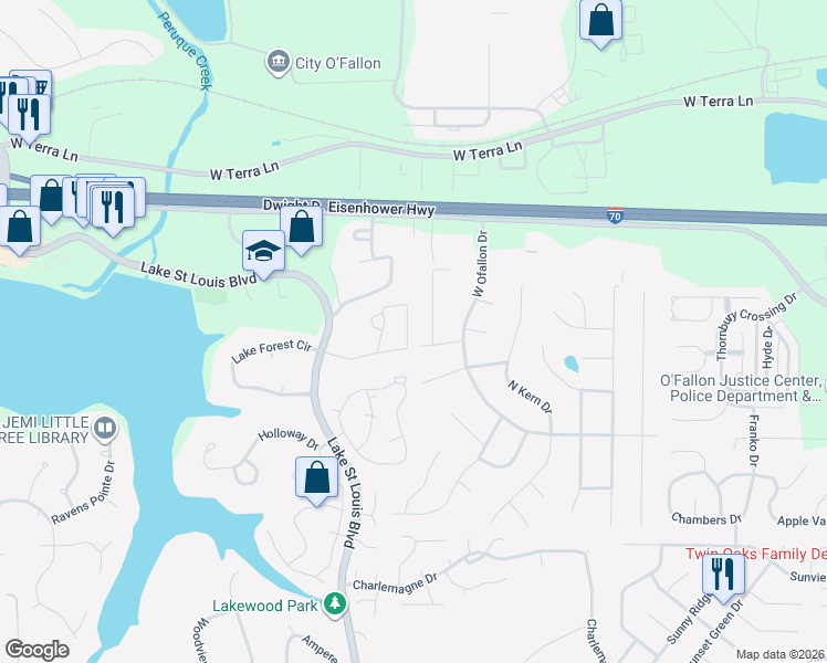 map of restaurants, bars, coffee shops, grocery stores, and more near 9 Linda Lane in O'Fallon