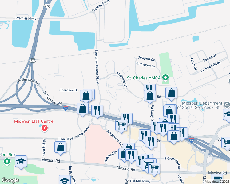 map of restaurants, bars, coffee shops, grocery stores, and more near 150 Turnberry Place in Saint Peters