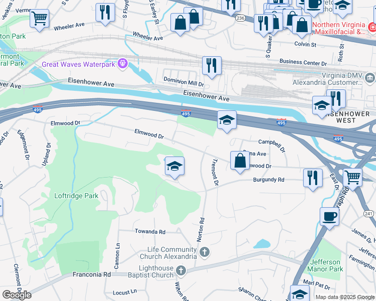 map of restaurants, bars, coffee shops, grocery stores, and more near 3609 Elmwood Drive in Alexandria