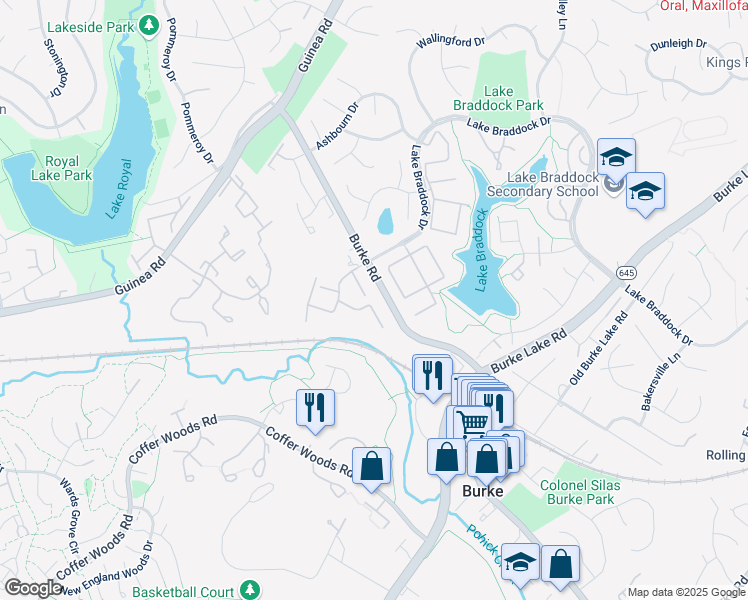 map of restaurants, bars, coffee shops, grocery stores, and more near 5623 Sutherland Court in Burke