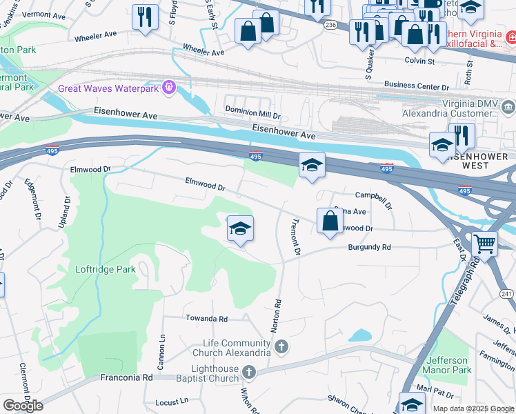 map of restaurants, bars, coffee shops, grocery stores, and more near 3609 Elmwood Drive in Alexandria