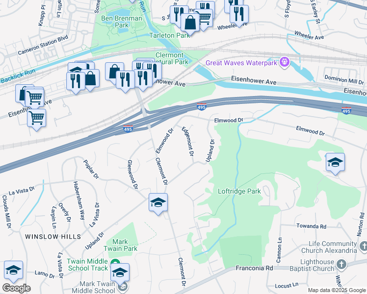 map of restaurants, bars, coffee shops, grocery stores, and more near 5542 Edgemont Drive in Alexandria