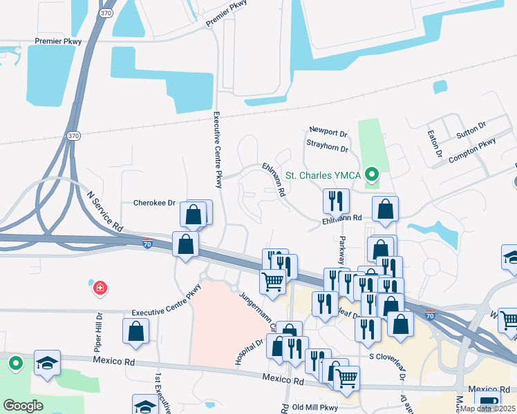 map of restaurants, bars, coffee shops, grocery stores, and more near 170 Turnberry Place in Saint Peters