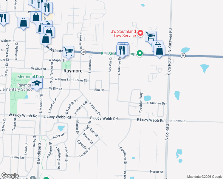 map of restaurants, bars, coffee shops, grocery stores, and more near 400 Sky Vue Drive in Raymore