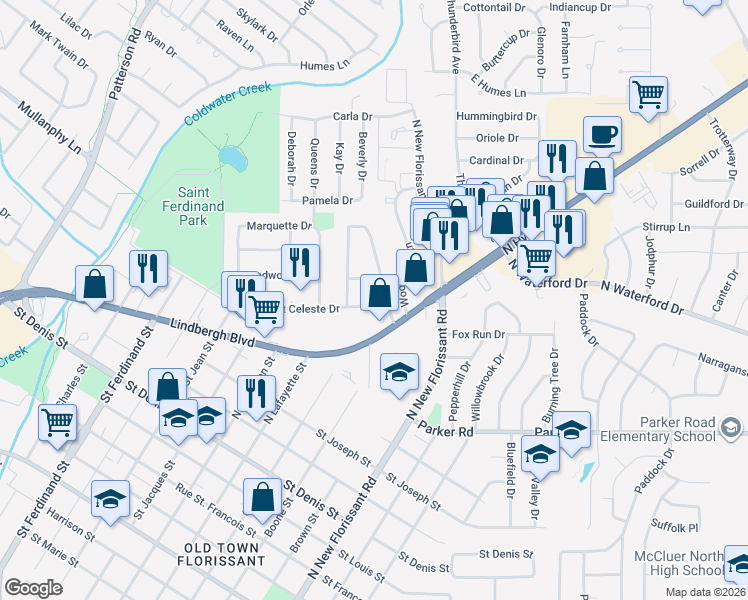 map of restaurants, bars, coffee shops, grocery stores, and more near 1130 Sansu Lane in Florissant