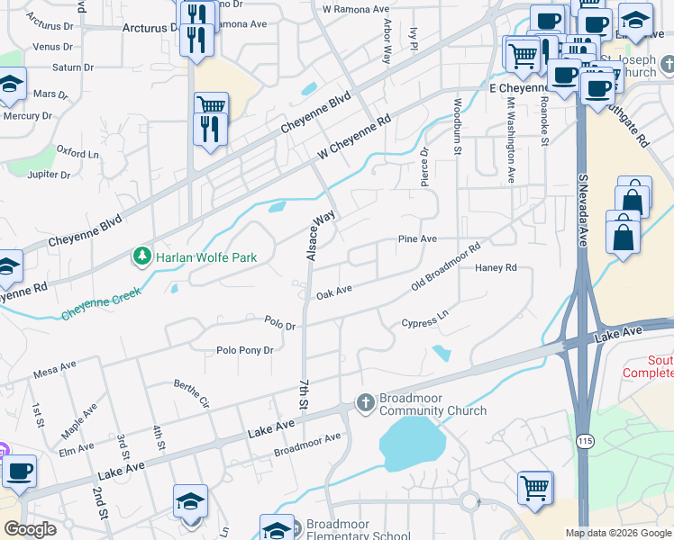 map of restaurants, bars, coffee shops, grocery stores, and more near 505 Ridgewood Avenue in Colorado Springs