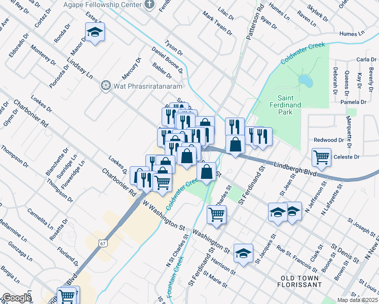 map of restaurants, bars, coffee shops, grocery stores, and more near 603 Saint Denis Street in Florissant