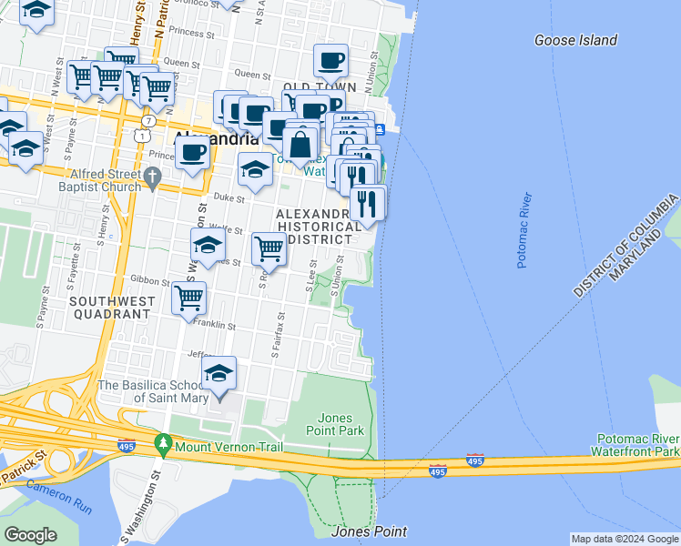 map of restaurants, bars, coffee shops, grocery stores, and more near 466 South Union Street in Alexandria