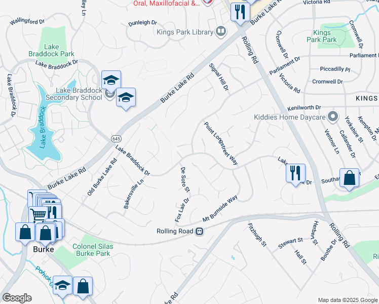 map of restaurants, bars, coffee shops, grocery stores, and more near 9184 Lake Braddock Drive in Burke