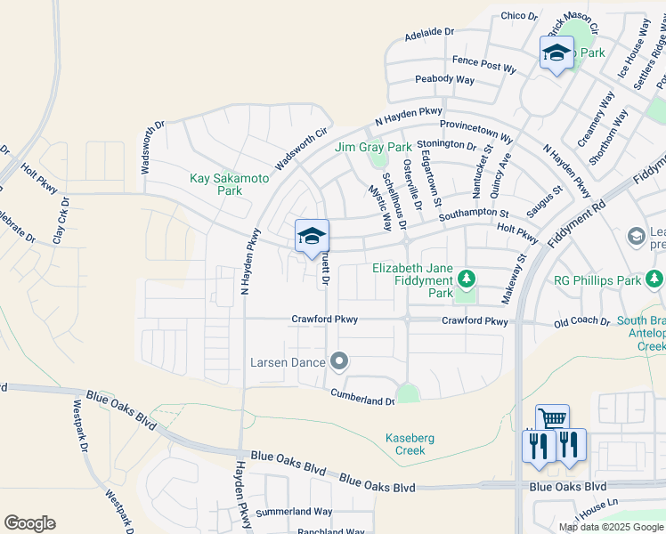 map of restaurants, bars, coffee shops, grocery stores, and more near 7177 Nobleboro Way in Roseville
