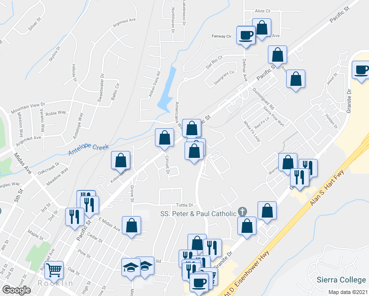 map of restaurants, bars, coffee shops, grocery stores, and more near in Rocklin