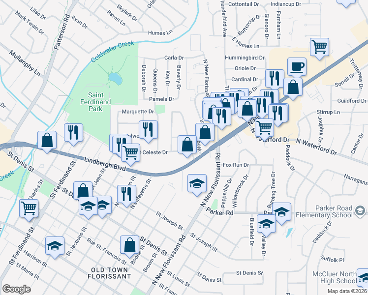 map of restaurants, bars, coffee shops, grocery stores, and more near 1130 Sansu Lane in Florissant