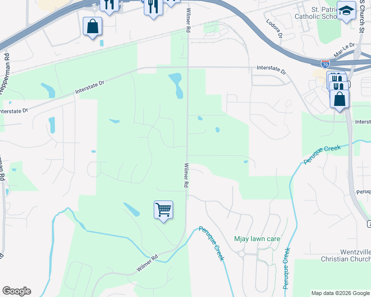 map of restaurants, bars, coffee shops, grocery stores, and more near 1333 Wilmer Road in Wentzville