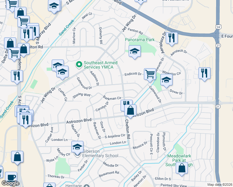 map of restaurants, bars, coffee shops, grocery stores, and more near 4590 Anjelina Circle North in Colorado Springs
