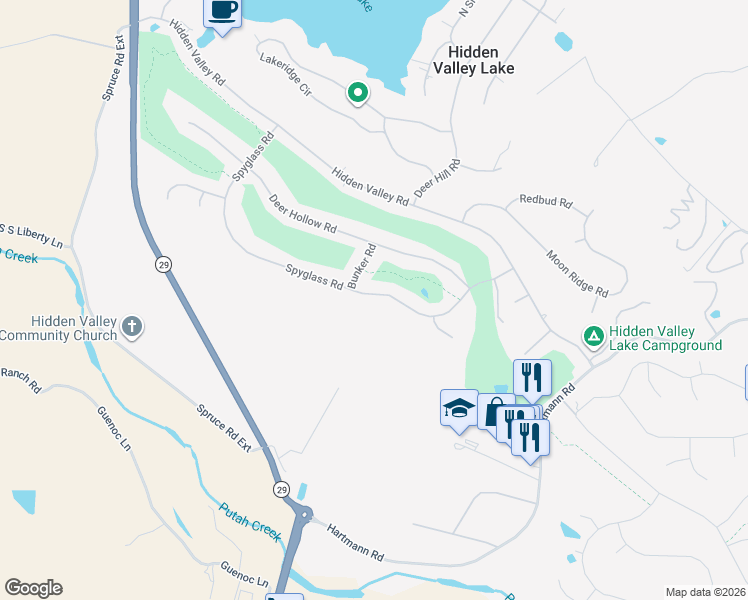 map of restaurants, bars, coffee shops, grocery stores, and more near 18770 Spyglass Road in Hidden Valley Lake
