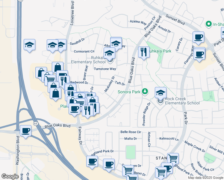 map of restaurants, bars, coffee shops, grocery stores, and more near 6509 Everglades Court in Rocklin