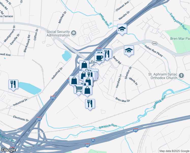 map of restaurants, bars, coffee shops, grocery stores, and more near Malone Ridge Street in Alexandria