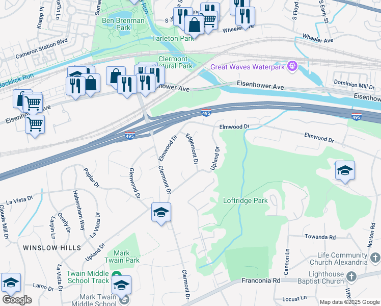 map of restaurants, bars, coffee shops, grocery stores, and more near 5542 Edgemont Drive in Alexandria