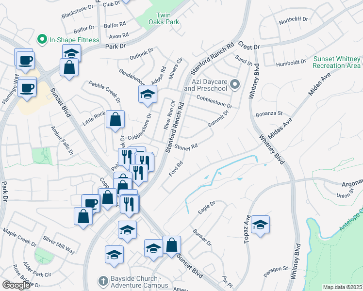 map of restaurants, bars, coffee shops, grocery stores, and more near 5776 Terrace Drive in Rocklin