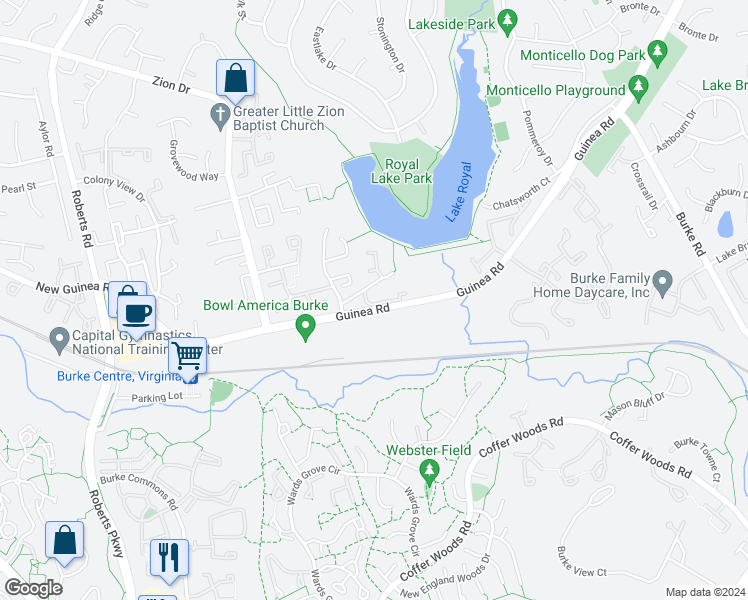 map of restaurants, bars, coffee shops, grocery stores, and more near 9956 Wood Wren Court in Fairfax