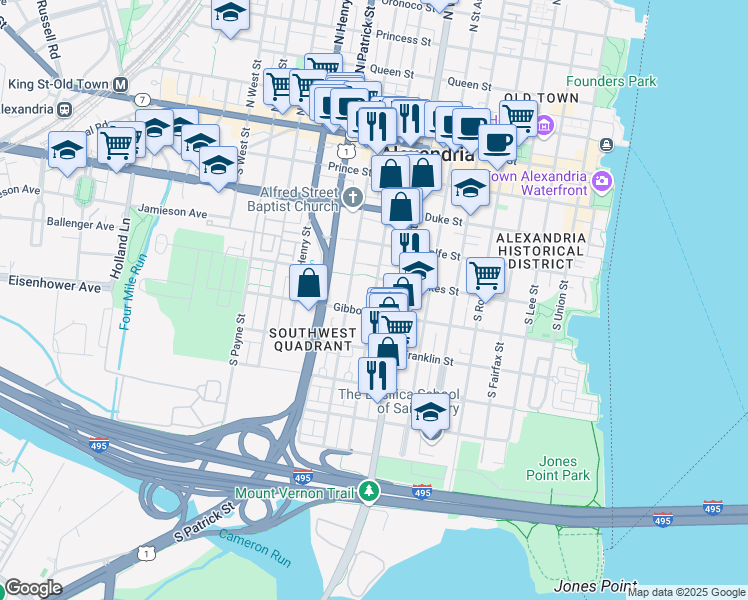 map of restaurants, bars, coffee shops, grocery stores, and more near South Columbus Street in Alexandria