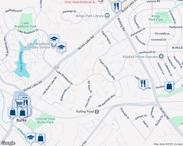 map of restaurants, bars, coffee shops, grocery stores, and more near 9184 Lake Braddock Drive in Burke