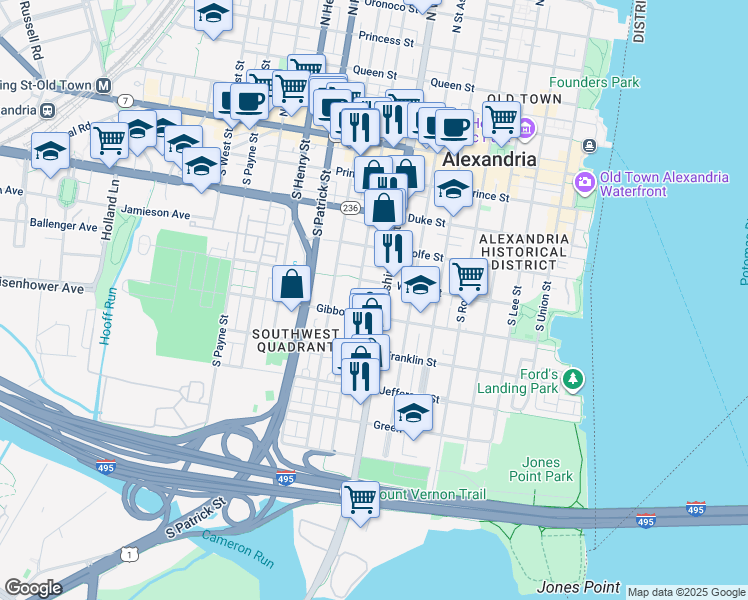 map of restaurants, bars, coffee shops, grocery stores, and more near 521 South Washington Street in Alexandria