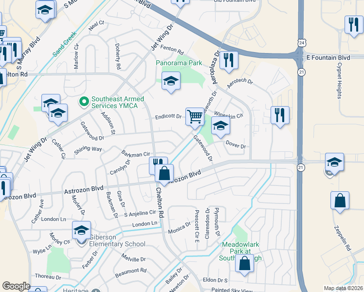 map of restaurants, bars, coffee shops, grocery stores, and more near 2217 Farnsworth Drive in Colorado Springs