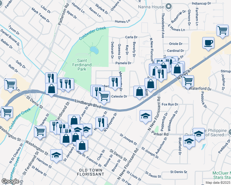 map of restaurants, bars, coffee shops, grocery stores, and more near 19 Saint Celeste Drive in Florissant