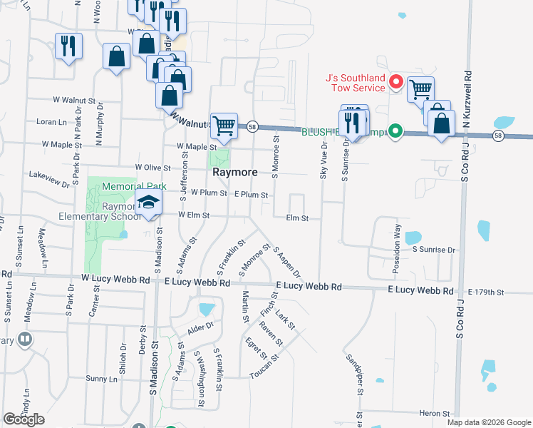 map of restaurants, bars, coffee shops, grocery stores, and more near 401 Monroe Street in Raymore