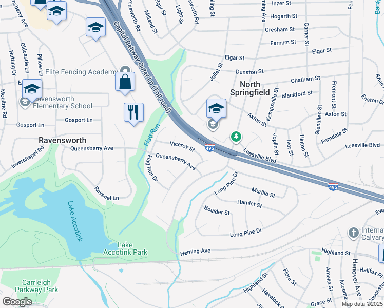 map of restaurants, bars, coffee shops, grocery stores, and more near 7705 Viceroy Street in Springfield