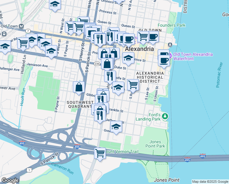 map of restaurants, bars, coffee shops, grocery stores, and more near 509 South Saint Asaph Street in Alexandria