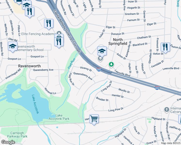 map of restaurants, bars, coffee shops, grocery stores, and more near 7705 Viceroy Street in Springfield