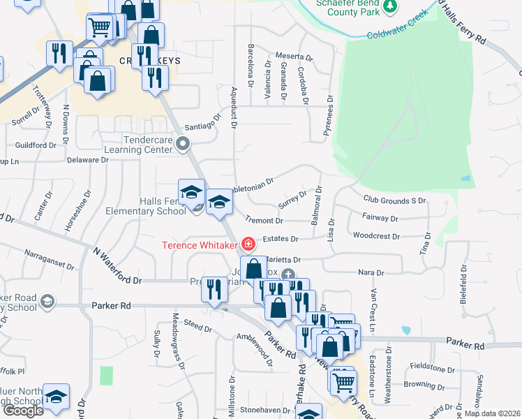 map of restaurants, bars, coffee shops, grocery stores, and more near 1550 Hollywood Lane in Florissant