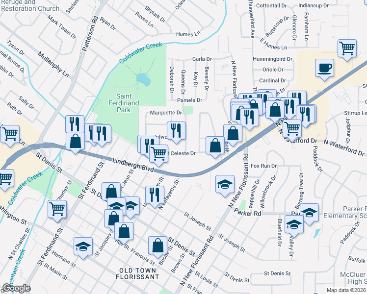 map of restaurants, bars, coffee shops, grocery stores, and more near 47 Marquette Drive in Florissant