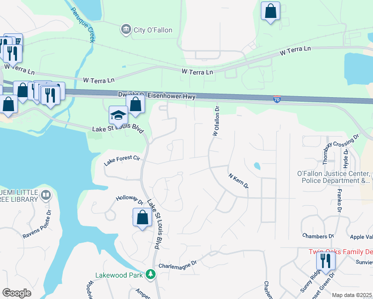 map of restaurants, bars, coffee shops, grocery stores, and more near 9 Linda Lane in O'Fallon