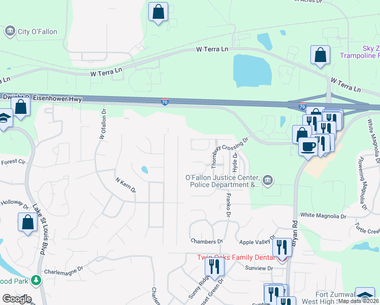map of restaurants, bars, coffee shops, grocery stores, and more near 36 North Lang Drive in O'Fallon