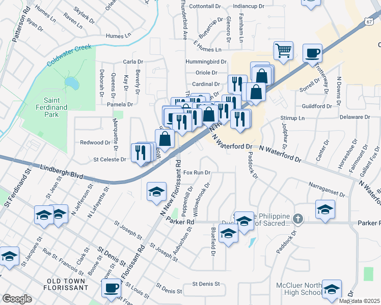 map of restaurants, bars, coffee shops, grocery stores, and more near 2000 North Highway 67 in Florissant