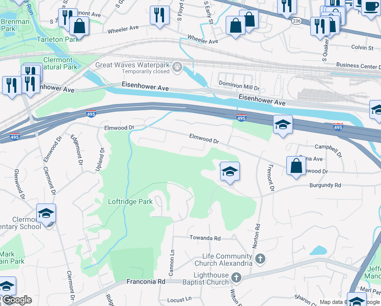 map of restaurants, bars, coffee shops, grocery stores, and more near 5537 Janelle Street in Alexandria