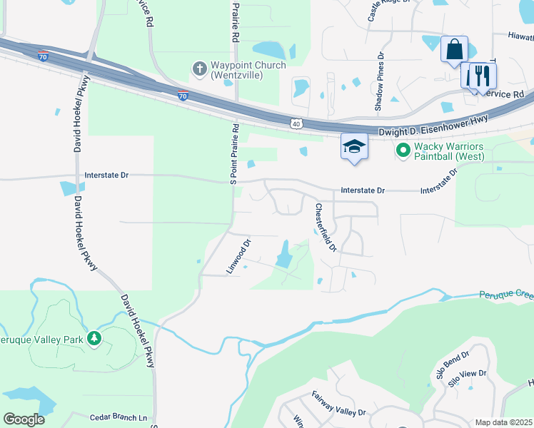 map of restaurants, bars, coffee shops, grocery stores, and more near 117 Bridgeton Drive in Wentzville