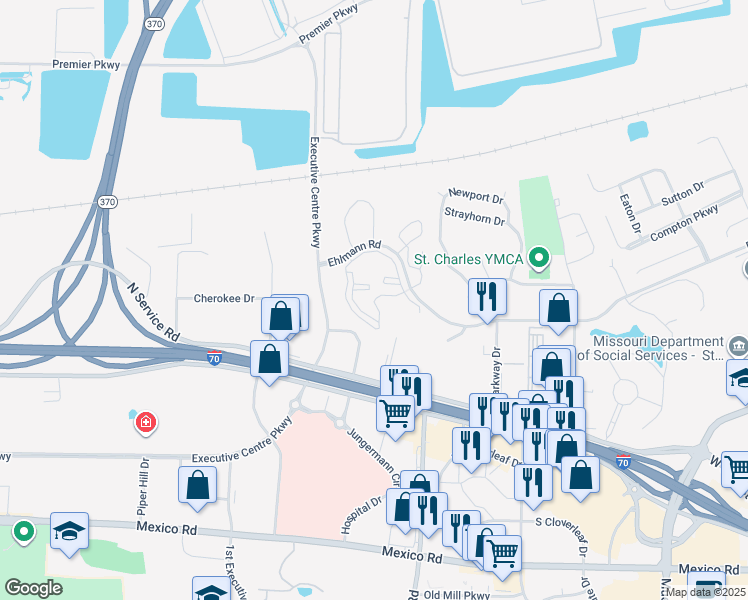 map of restaurants, bars, coffee shops, grocery stores, and more near 260 Turnberry Place in Saint Peters