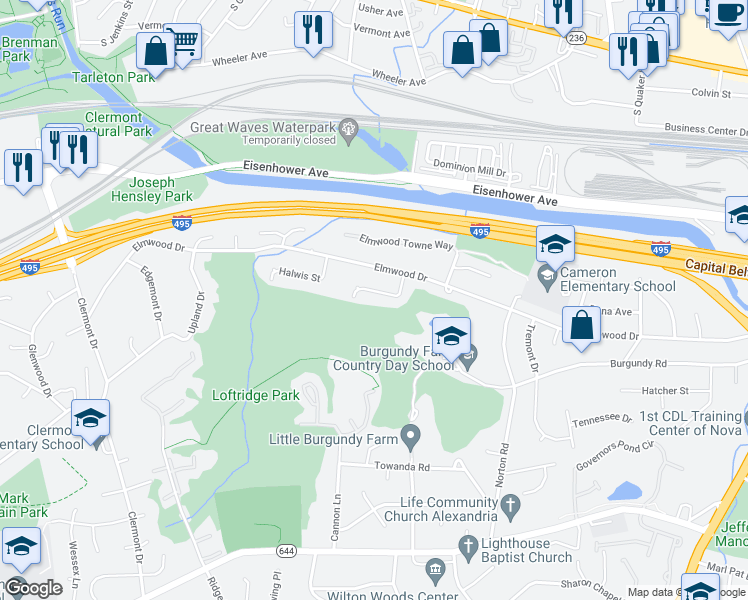 map of restaurants, bars, coffee shops, grocery stores, and more near 5537 Janelle Street in Alexandria