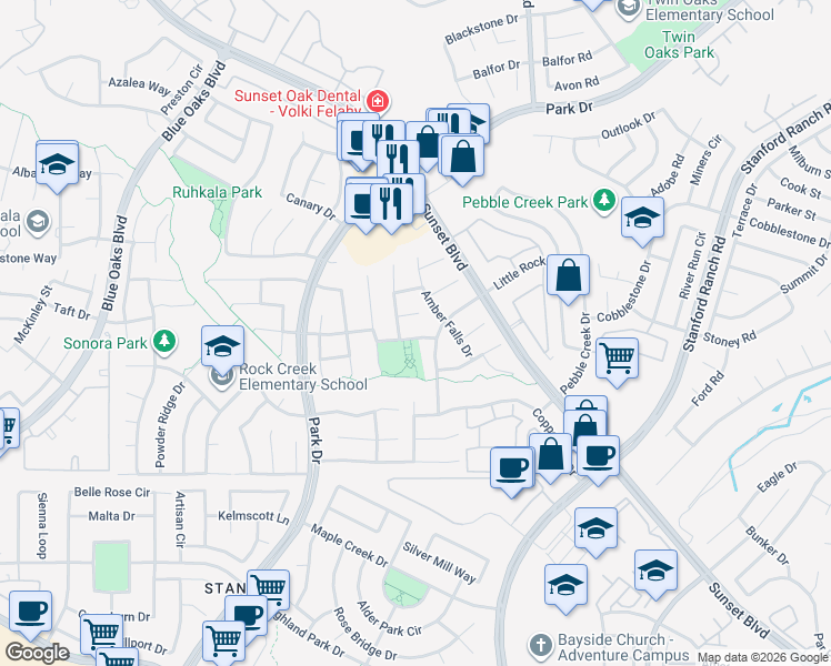 map of restaurants, bars, coffee shops, grocery stores, and more near 2335 Amber Falls Drive in Rocklin