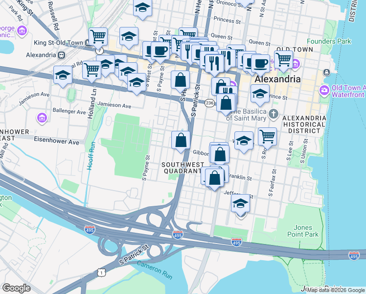 map of restaurants, bars, coffee shops, grocery stores, and more near 1001 Gibbon Street in Alexandria