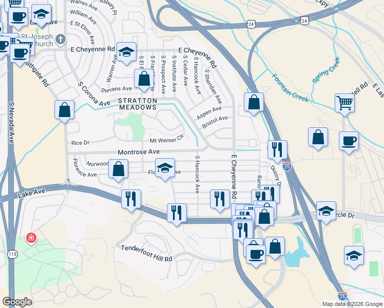 map of restaurants, bars, coffee shops, grocery stores, and more near 1202 Montrose Avenue in Colorado Springs