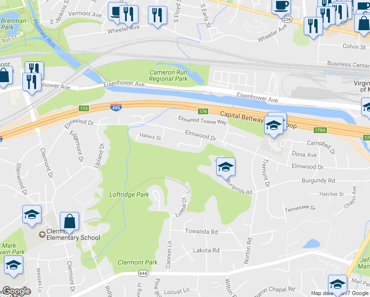 map of restaurants, bars, coffee shops, grocery stores, and more near 5539 Janelle Street in Alexandria