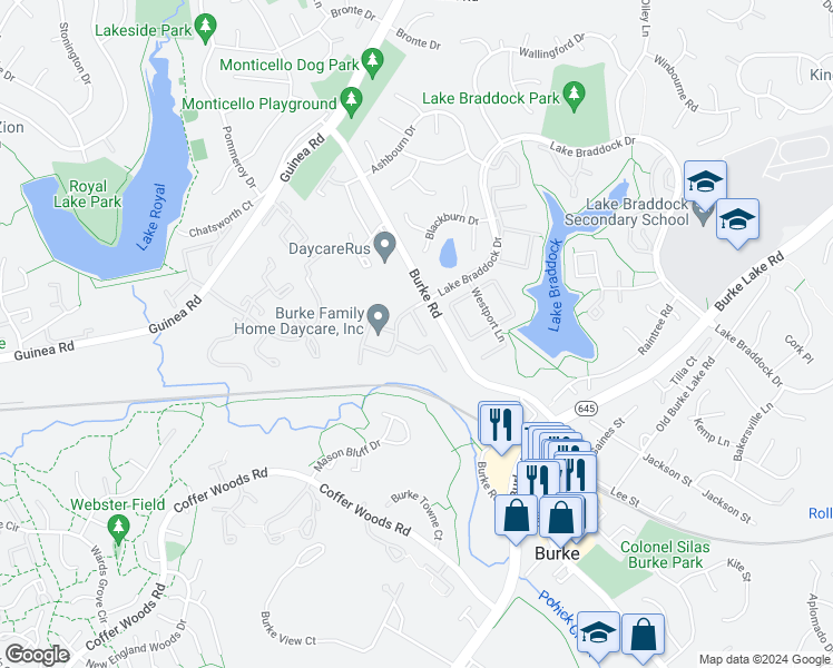 map of restaurants, bars, coffee shops, grocery stores, and more near 5614 Castlebury Court in Burke